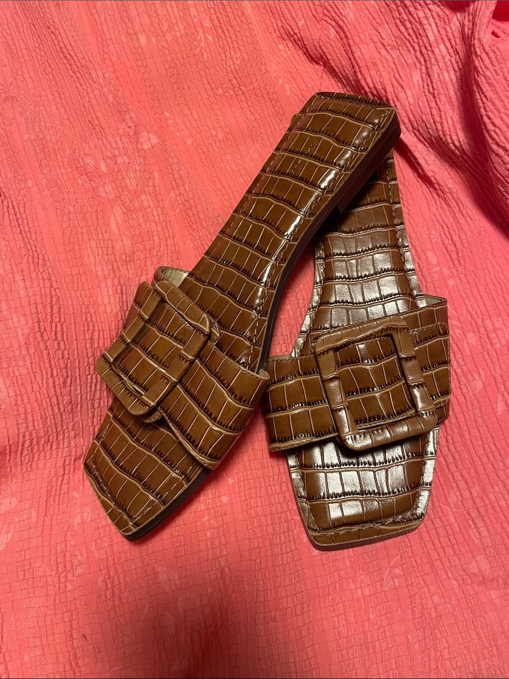 Ann Taylor Brown Croc-Embossed Slide Sandals - Picture 2 of 7